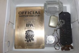 A box containing a vesta case, a pocket watch chai