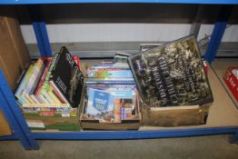Two boxes containing various books and a box conta