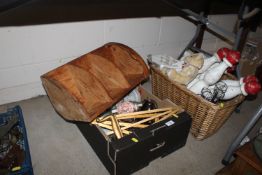 A box and a wicker basket and contents of a pair o