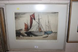 A pencil signed coloured etching depicting barges