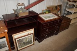 An oak linen fold decorated blanket box and a repr