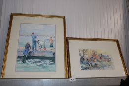 Ivan, watercolour study depicting children crabbing together with another depicting houses