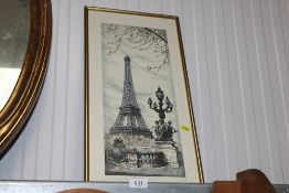 A gilt framed print depicting the Eiffel Tower