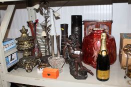 An Art Glass vase; a brass oil lamp converted to electricity; a resin Art Deco figure; a jewellery
