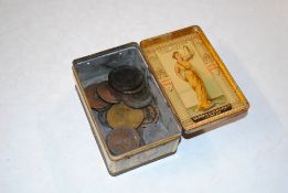 A tin containing George III cartwheel penny converted to a box, penny tokens and a Admiral Vernon