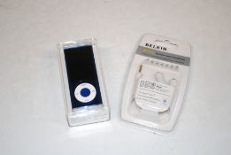A blue IPOD Nano 8GB with box and a Belkin splitte