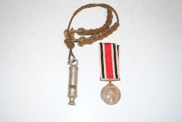 GRVI Special Constabulary medal with Metropolitan Police whistle
