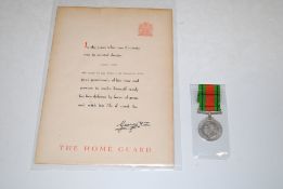 WWII Home Guard service scroll and defence medal t