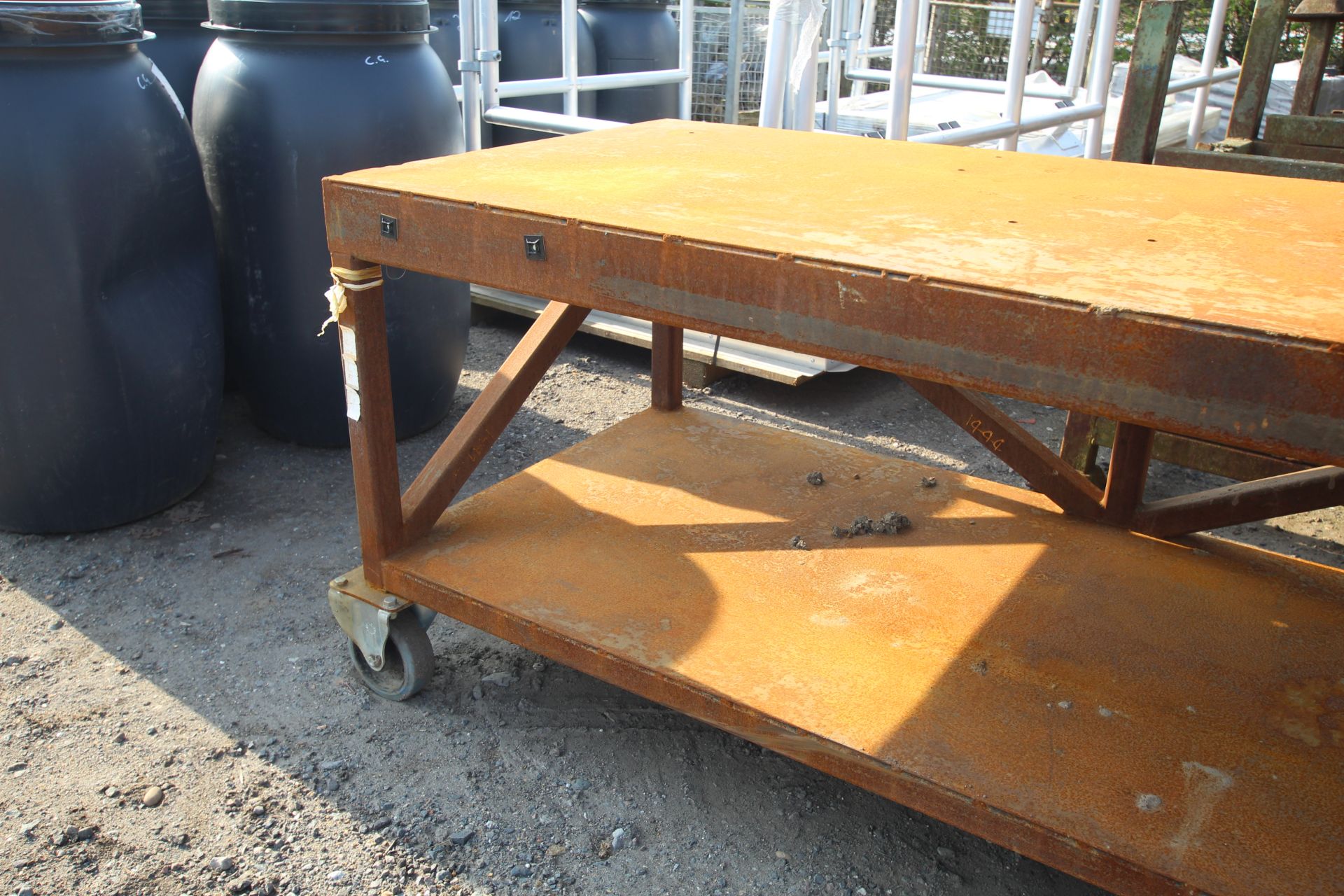 Metal two tier workshop trolley on wheeled base, approx. 32" deep x 71" wide x 31" high. - Image 2 of 3