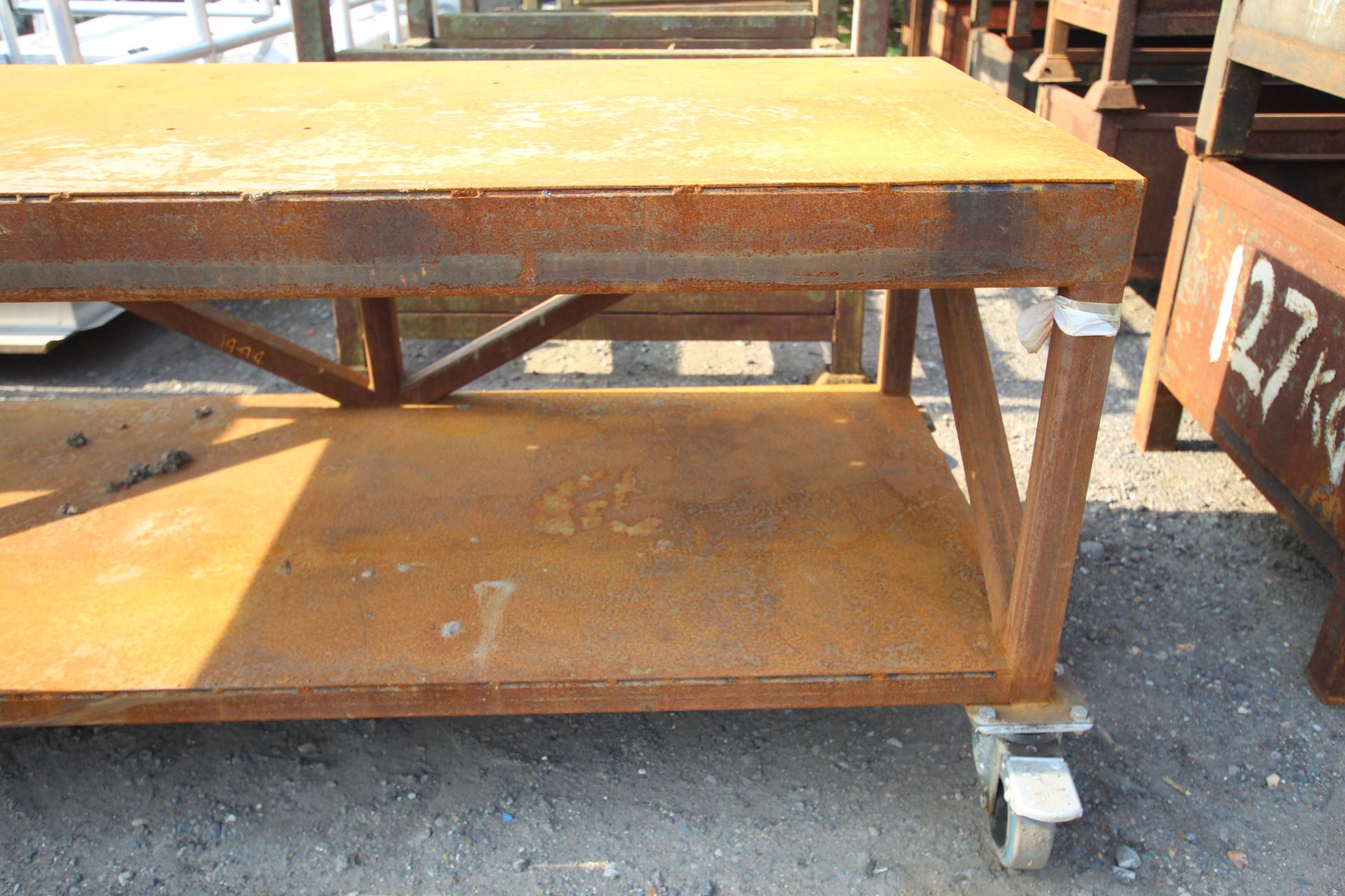 Metal two tier workshop trolley on wheeled base, approx. 32" deep x 71" wide x 31" high. - Image 3 of 3