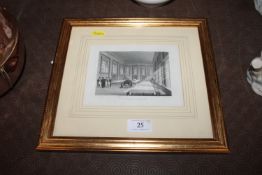 A framed and glazed print of the hall Downing Coll