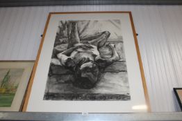 A framed and glazed charcoal study of a nude femal