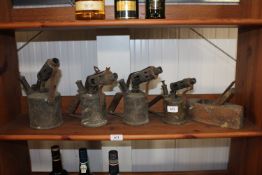 Four vintage blow lamps to include Optimun No.4 and a wooden planer