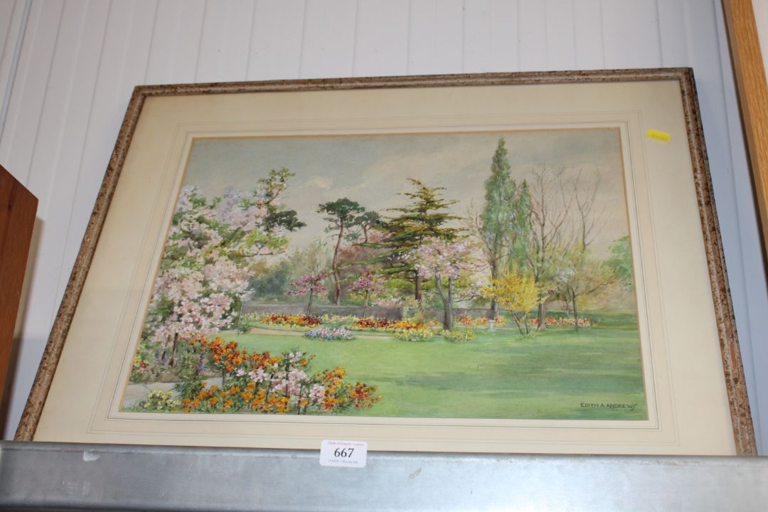Edith A. Andrews, watercolour study of a garden scene, contained in modern frame - Image 1 of 2