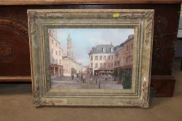 Clive Madgwick R.B.A, oil on canvas study of a street scene, contained in ornate frame dated 1992