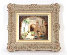20th Century Continental school, study of a sunlit courtyard, indistinctly signed oil on canvas,