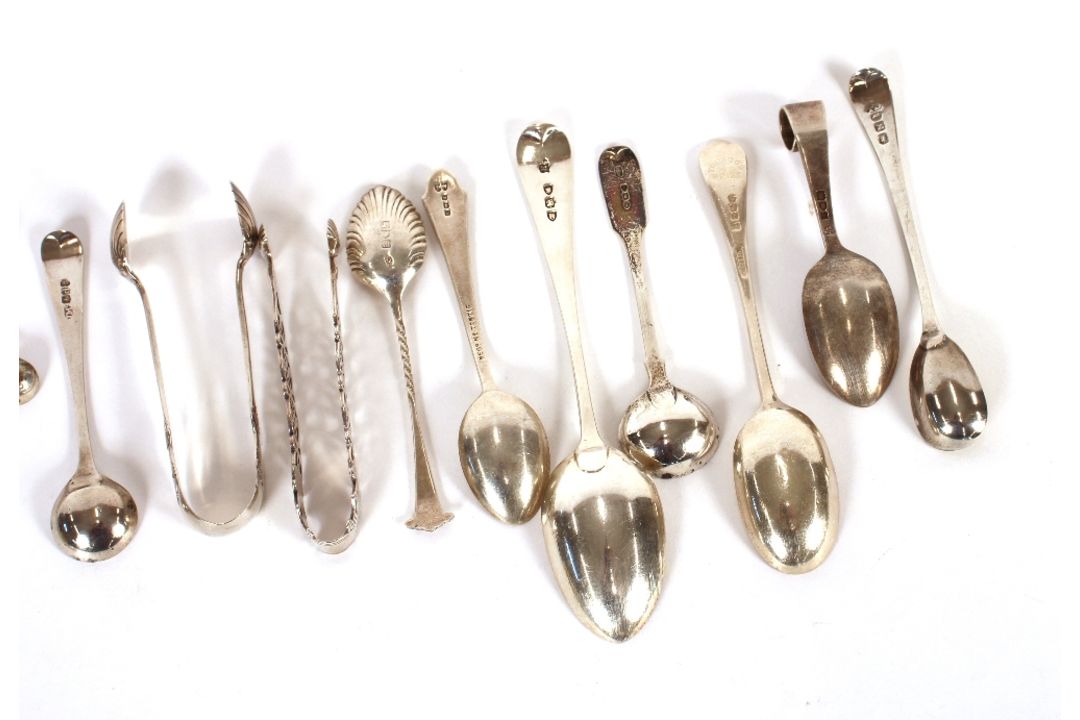 A small collection of various silver teaspoons, condiment spoons, sugar nips and a butter knife, - Image 5 of 6