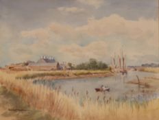 Audrey R. Vaulkhard, study of 'The Maltings and Snape Bridge', signed watercolour, 29cm x 37cm