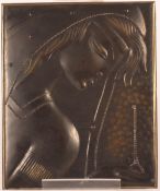An Art Deco style bronze plaque, of a girl; and a painted copper plaque depicting humming birds