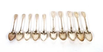 Five Victorian silver Fiddle pattern teaspoons, monogrammed, London 1839 and five George III Old