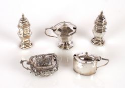 A pair of George V octagonal silver baluster pepperettes, London 1924; a silver octagonal mustard