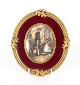 A 20th Century miniature oil painting, depicting a period couple alighting from a coach,
