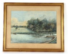 19th Century school, study of figures beside a lake, church in far ground, unsigned watercolour,