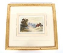 Attributed to Henry Barlow Carter 1804-1868,study of a rural street with cottages and cathedral in