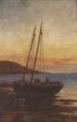 R.J. Galbraith, study of a fishing vessel at sunset with figures unloading the catch, signed oil