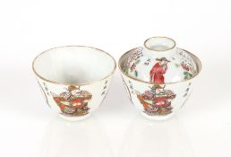 Two small Chinese tea bowls, decorated in brightly coloured enamels with figures, symbols and