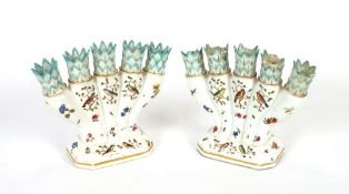 A rare pair of 18th Century Vienna porcelain ornithological decorated five branch tulip vases, (
