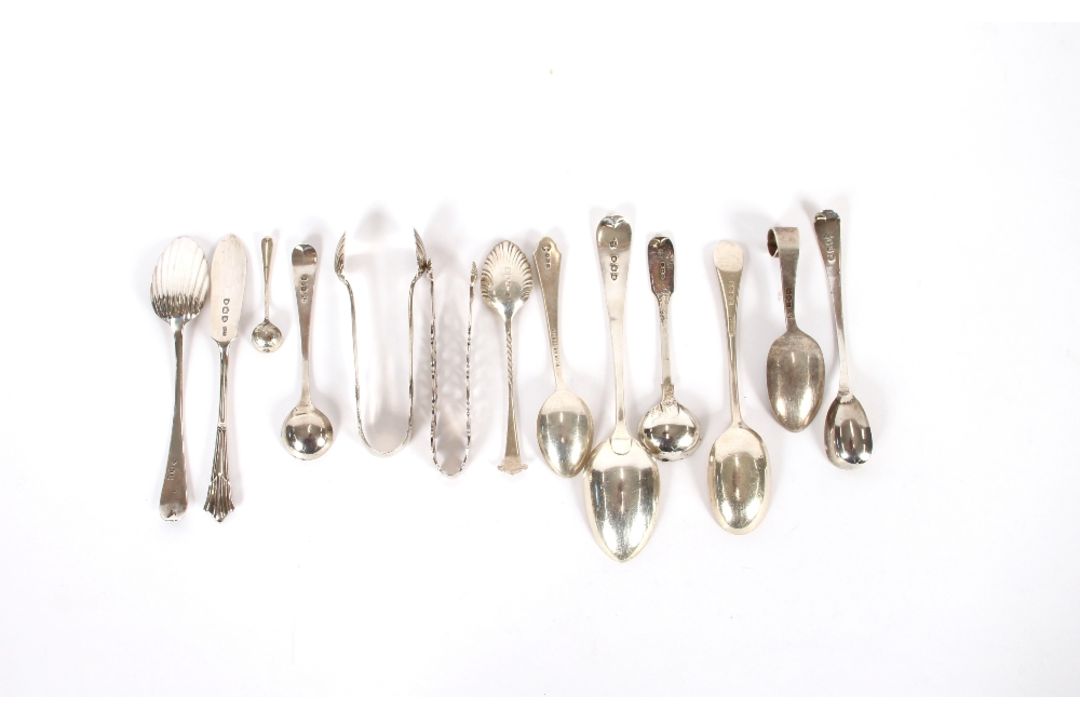 A small collection of various silver teaspoons, condiment spoons, sugar nips and a butter knife, - Image 3 of 6