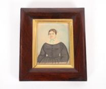 19th Century Naive school, miniature portrait study of a lady wearing lace cap, unsigned watercolour