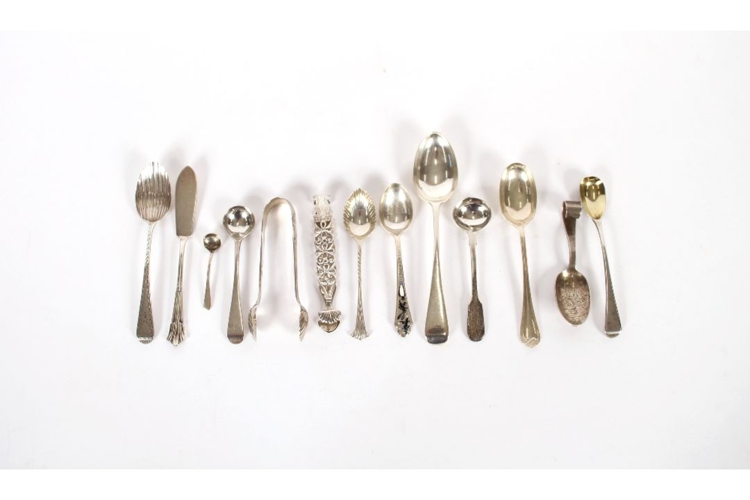 A small collection of various silver teaspoons, condiment spoons, sugar nips and a butter knife, - Image 2 of 6