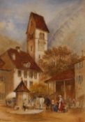 Continental school, study of a town square inscribed 'At Unterseen', monogrammed and dated 1878,