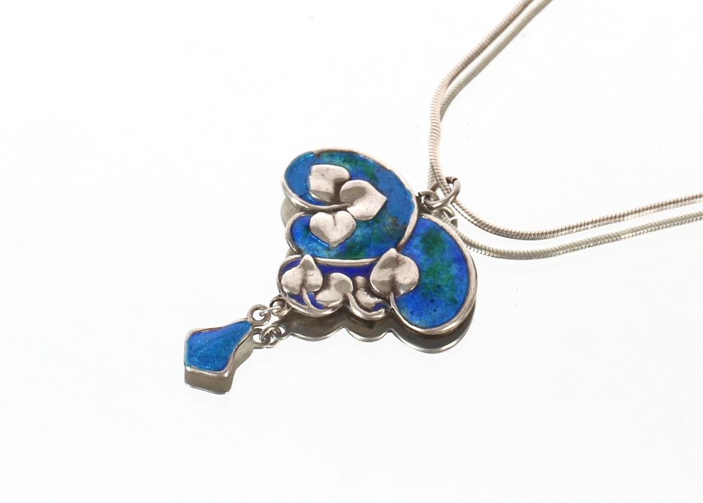 A Charles Horner, Chester 1909 silver and enamel pendant on later chain (small enamel loss)