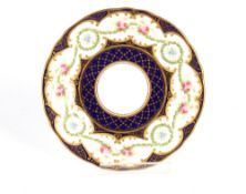 A Venetian tea plate, with lace pattern on blue ground; a Victorian plate with ribbon decoration;