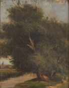 19th Century Suffolk school, study of a figure on a riverside path, windmill in far ground, unsigned