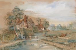 19th Century school, study of a rural cottage with figure on a bridge, watercolour,  31cm x 45cm