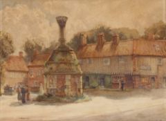 G.R. Rushton 1869-1947,  study of a village square with figures and horse and cart, watercolour,