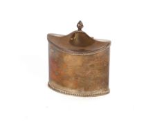 An Edwardian silver tea caddy, of elliptical shape, the hinged lid surmounted by a flambé finial,
