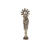 An antique white metal combined seal and Holy water stoop, in the form of Madonna and Christ