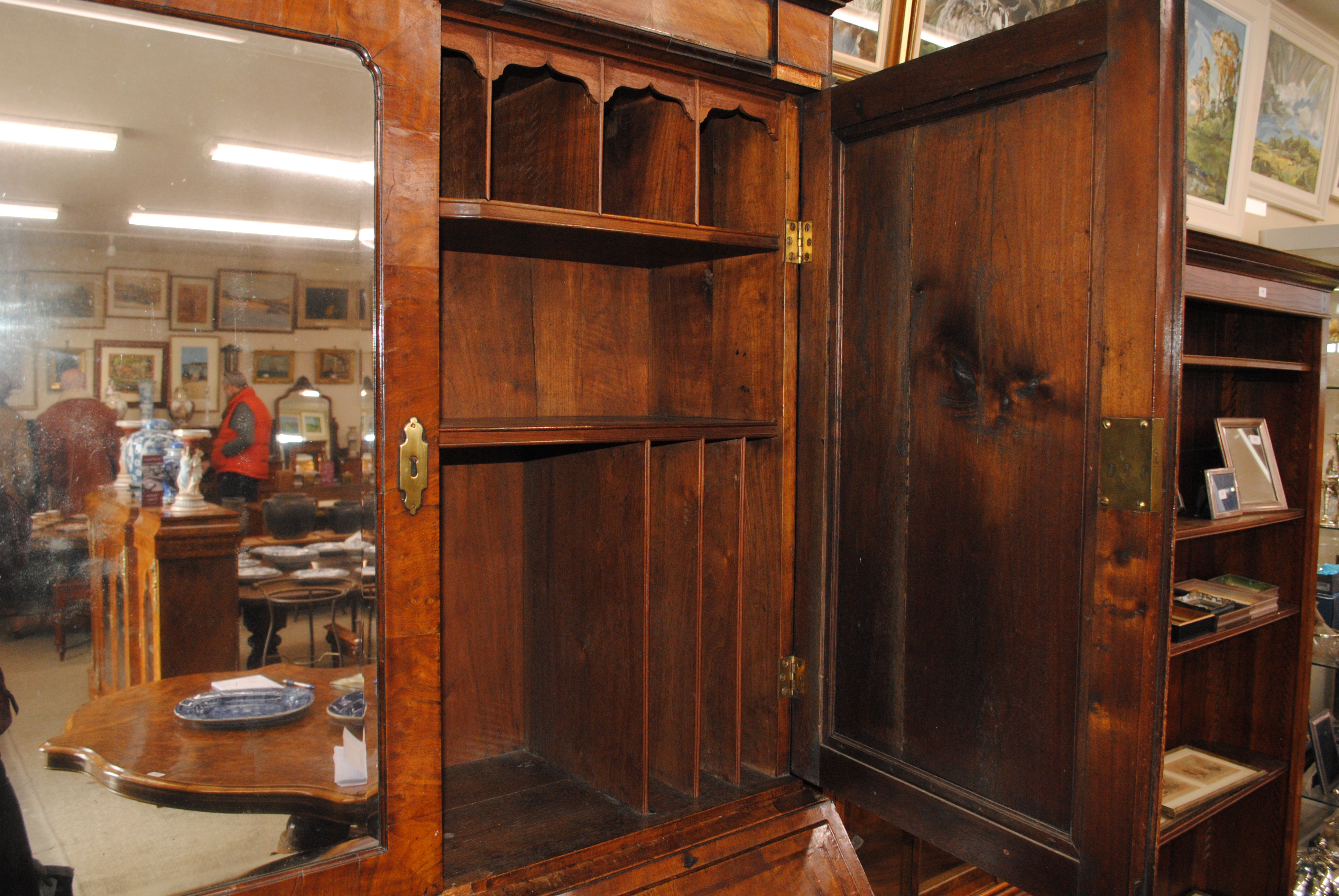 An 18th Century walnut bureau bookcase, the upper section fitted pigeonholes and shelves enclosed by - Image 4 of 7