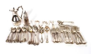 A large quantity of various plated cutlery; a plated hot milk jug; a plated sugar sifter etc.