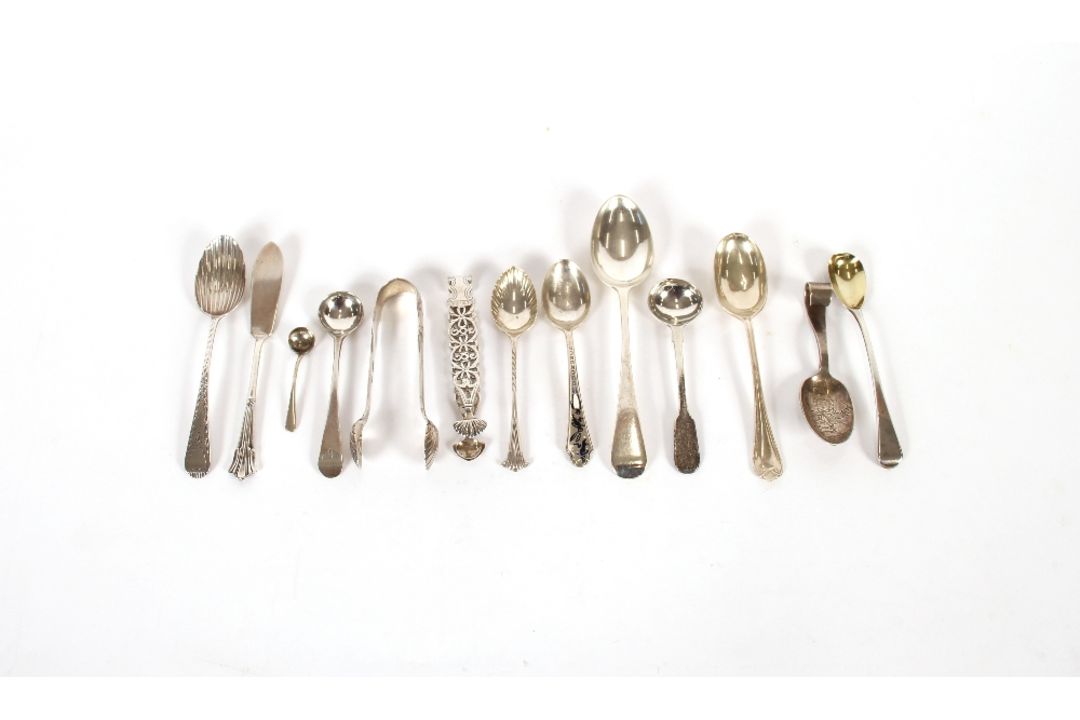 A small collection of various silver teaspoons, condiment spoons, sugar nips and a butter knife, - Image 1 of 6