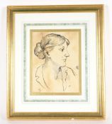 After Elizabeth Melville, pen and ink sketch of Virginia Woolf, initialled bottom left V.W.S. and