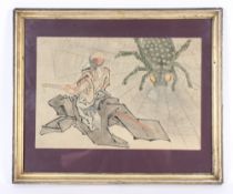 Japanese school, depicting giant spider and Samurai, watercolour, unsigned, 25cm x 37cm