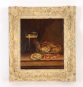 R. Kell, still life study of 'Sea Food on a Ledge', signed oil on board, 27cm x 23cm in decorated