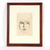 Pen and ink study of Marianne Faithful,  initialled S.G. 1980 bottom right and M.F. bottom left,