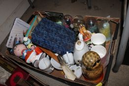 A box of miscellaneous porcelain glass and other decorative items to include a Russian doll, shoe